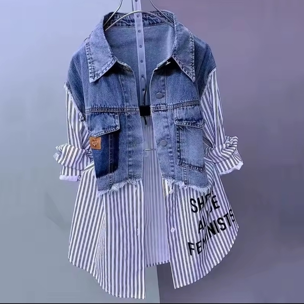 Denim and Striped Button-Up Shirt